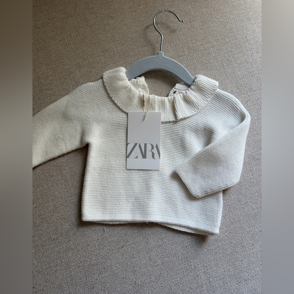 ZARA Cream Textured Knit Baby Top with Ruffled Collar